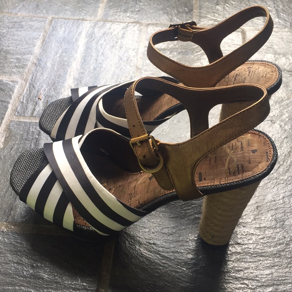 Sam Edelman Striped Black and White Sandals with Tan Accents